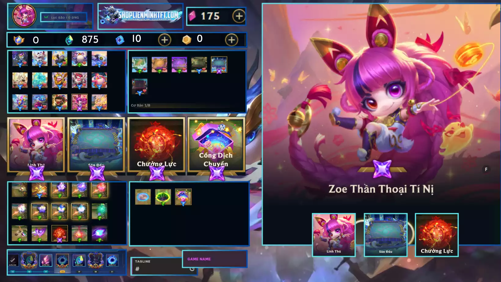 ComBo Zoe Thần Thoại Tí Nị Kèm Chưởng - Dư 0 Huy Chương - 0 Vàng - 3 Tím - 1 Sàn Tím - Dư 875Pha Lê - 1 Tí Nị Thường - 2 Sàn Đỏ - Chưởng Lực Như Ảnh - Rank TFT Lục Bảo - Còn Đổi Tên
